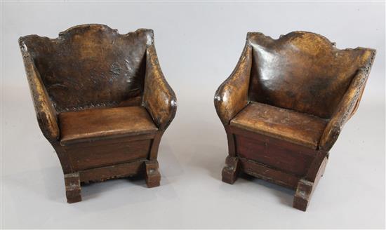 A pair of 19th century Venetian carved and painted walnut gondola chairs, W.2ft D.1ft 4in. H.2ft 2in.